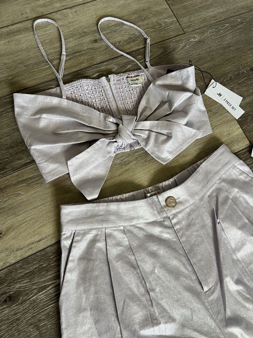 Jason Wu Linen Blend Lavender 2 Piece Wide Leg Pant Bow Crop Top Set Size M